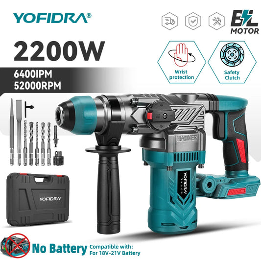 YOFIDRA 2200W Brushless Electric Hammer Impact Drill 6400IPM Multi-Screwdriver Rotary Drilling Power Tool For Makita Battery Pin