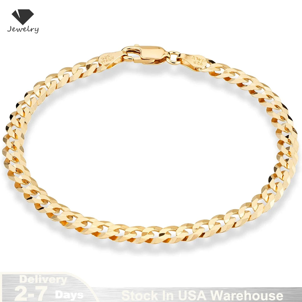 14K Gold Plated 5/7mm Locomotive Men Punk Rock Curb Cuban Link Chain 925 sterling silver Bracelet for Women Biker Jewelry Gift
