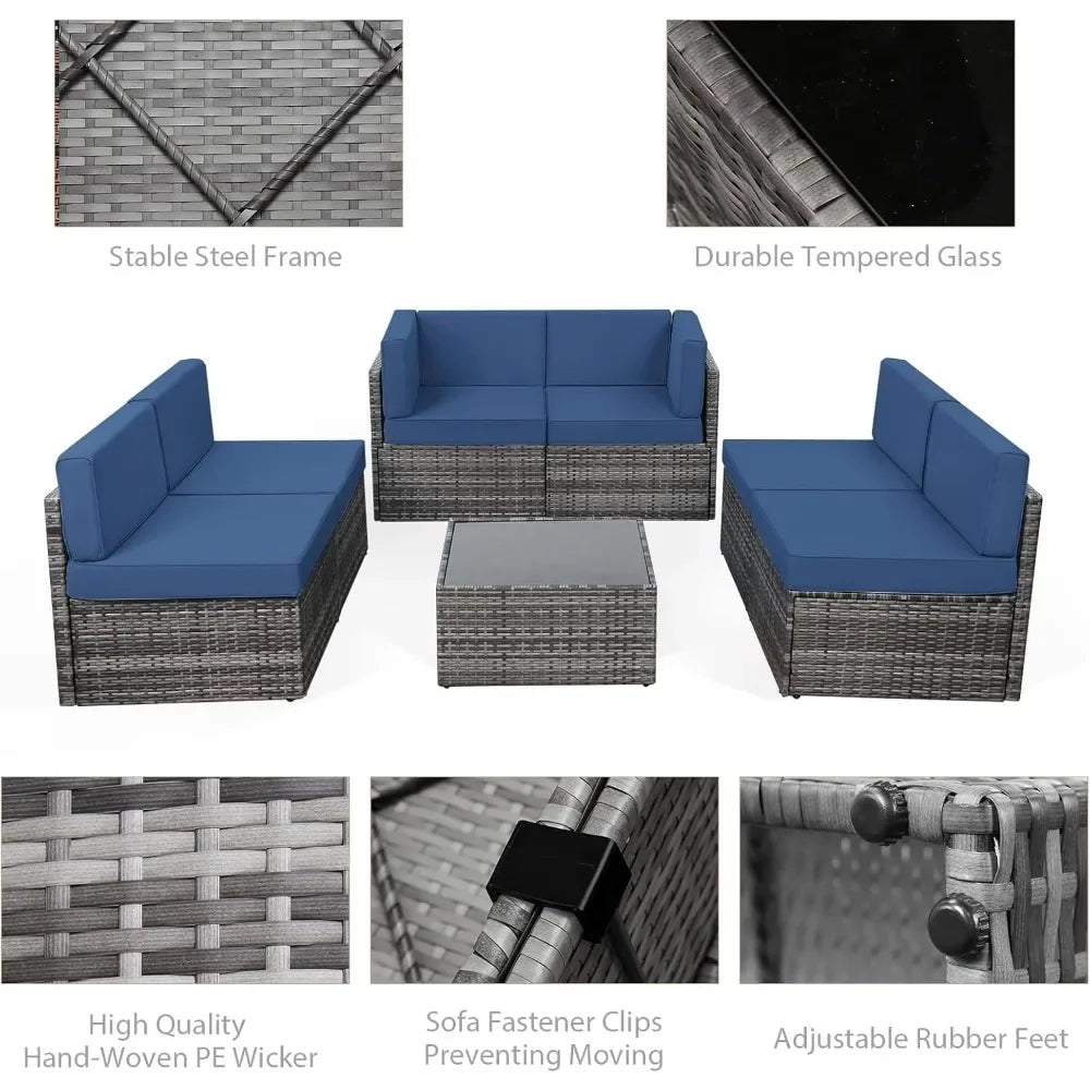 7 Piece Outdoor Patio Furniture Set Grey PE Rattan Wicker Sectional Chair Set with Cushions