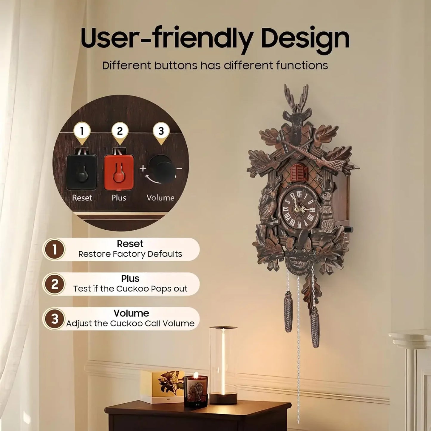 Northern Europe Retro Cuckoo Wall Clock Adjustable Volume Gift Practical Home Decor