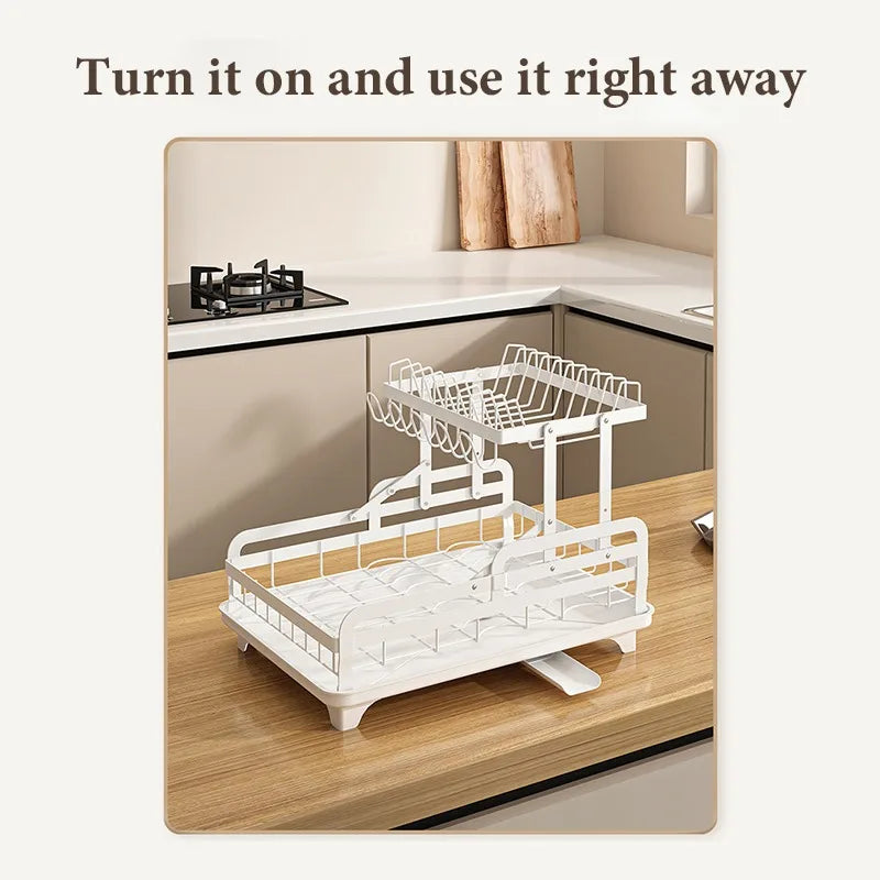 Kitchen Dish Rack 2 Tier Dish Drying Rack with Automatic Drainer Utensil Rack Cup Rack Large Dish Drainer for Kitchen Countertops Space Saving Durable