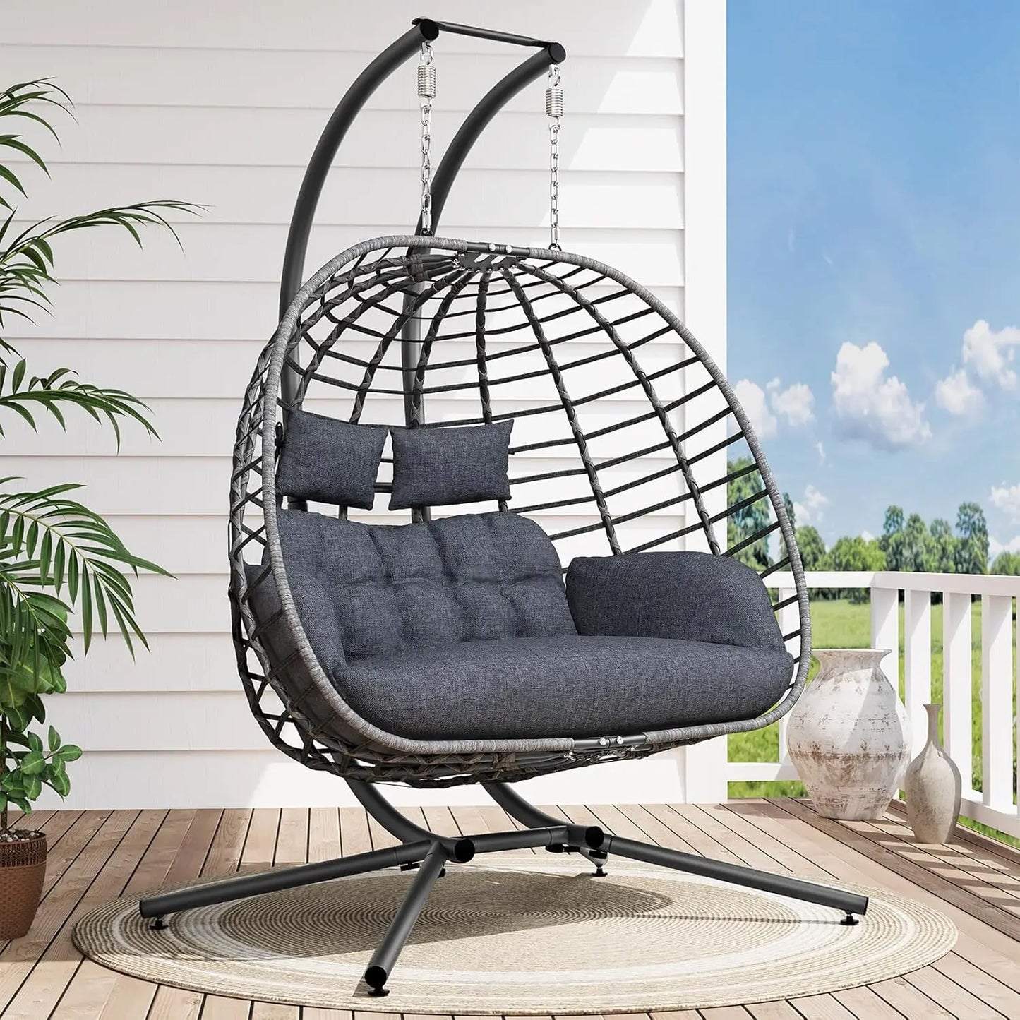 Double Egg Swing Chair With Stand Cushioned Outdoor Patio 2 Person Hammock