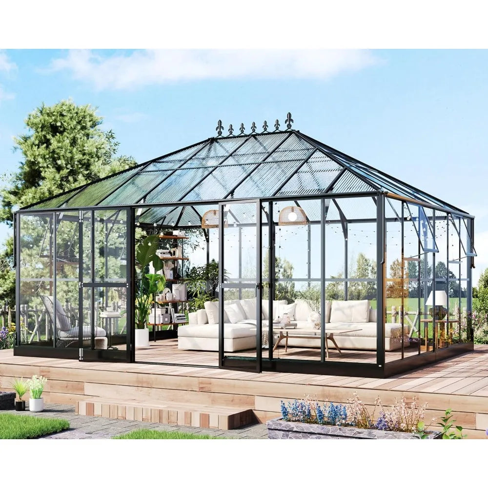 16x12x9.5 FT Pavilion Styled Greenhouse with Clear Panels Double Swing Doors and 4 Vents Hybrid Polycarbonate Greenhouse