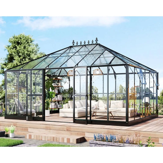 16x12x9.5 FT Pavilion Styled Greenhouse with Clear Panels Double Swing Doors and 4 Vents Hybrid Polycarbonate Greenhouse