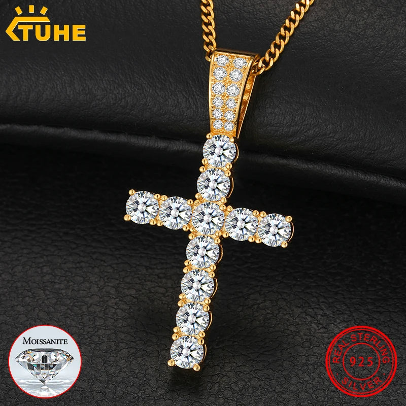 Religion Men Necklace 5mm VVS1 D Color Moissanite Cross Pendant 925 Sterling Silver 18K White Gold