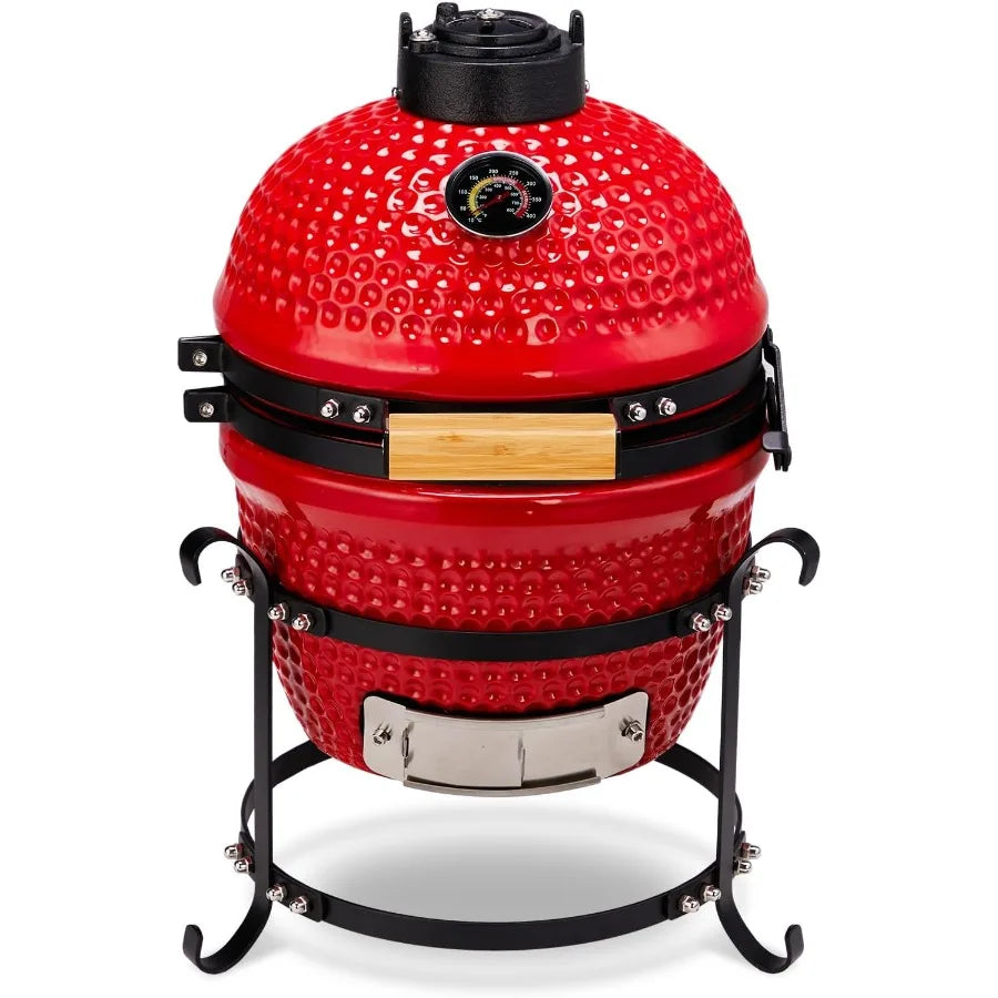 13 Round Kamado Charcoal Grill Portable Ceramic Barbecue Built In Thermometer