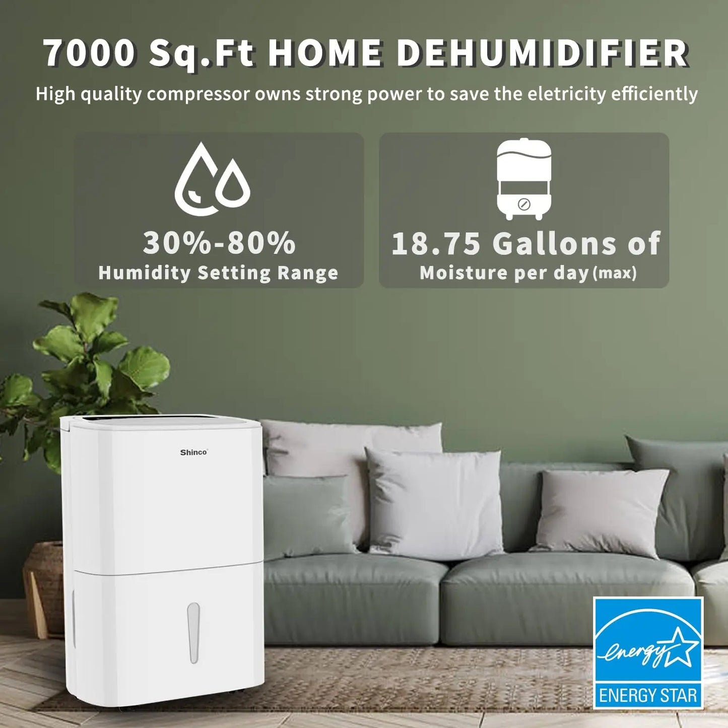 Shinco 150 Pints Energy Star Dehumidifier with WiFi for Large Spaces up to 7000 Sq Ft Built-in Pump and 1.85 Gallon Water Tank