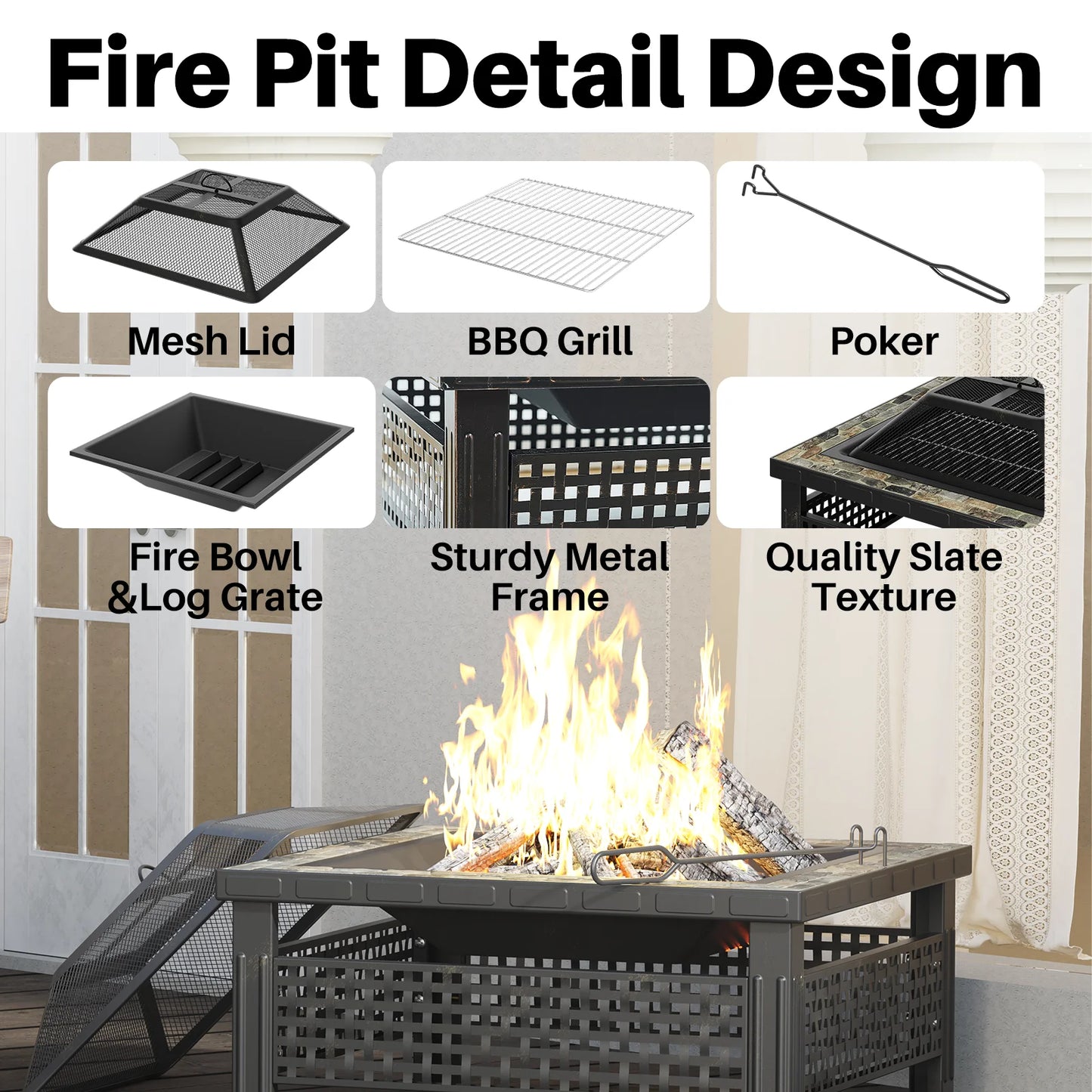 30 Inch Square Outdoor Fire Pit Table with Mesh Lid and Fire Poker 3 in 1 Multipurpose Fire Pit for Yard Garden and Patio
