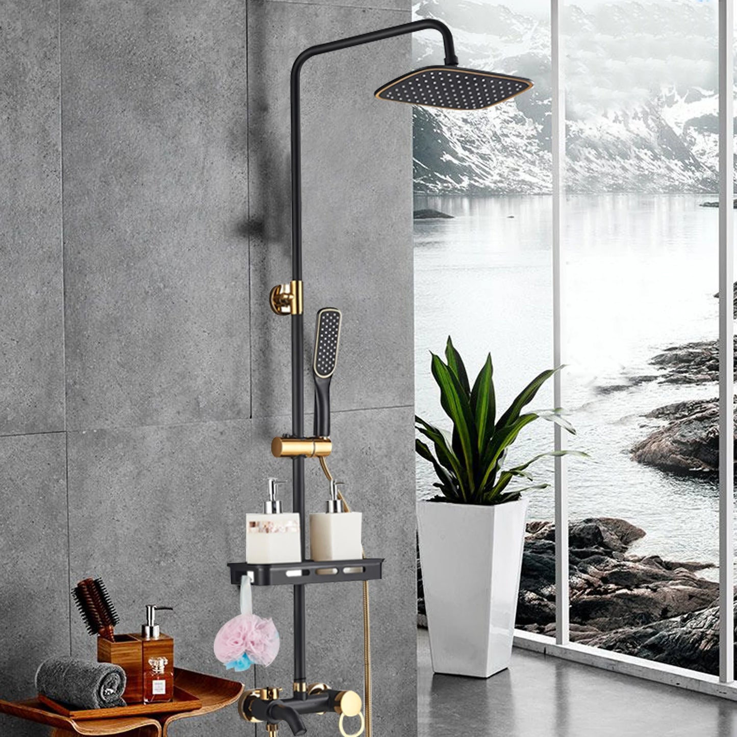 Black Shower Set Faucet Rainwater Manual System High Quality Pure Lead Free Copper Material Good Water Saving Performance