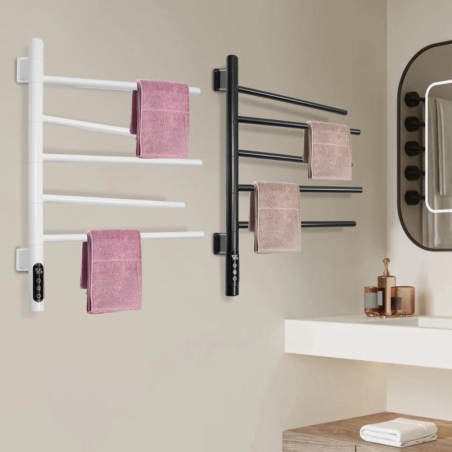 180 Degree Rotation Wall Mounted Heated Towel Rack With LED Display IPX5