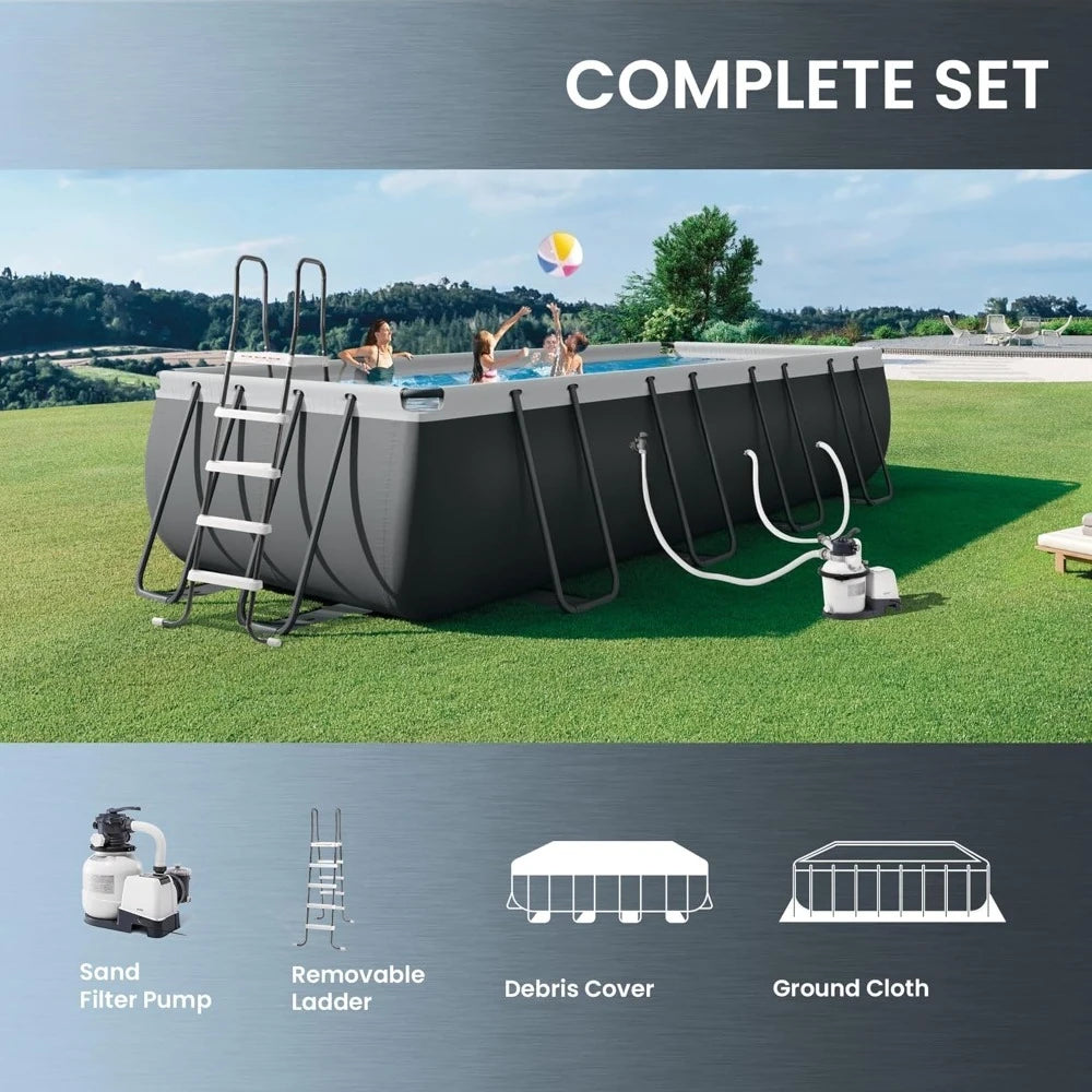 Above Ground Swimming Pool Set 18x9 ft Rectangular Steel Frame with Sand Pump Ladder Cover 216"L x 108"W x 52"H