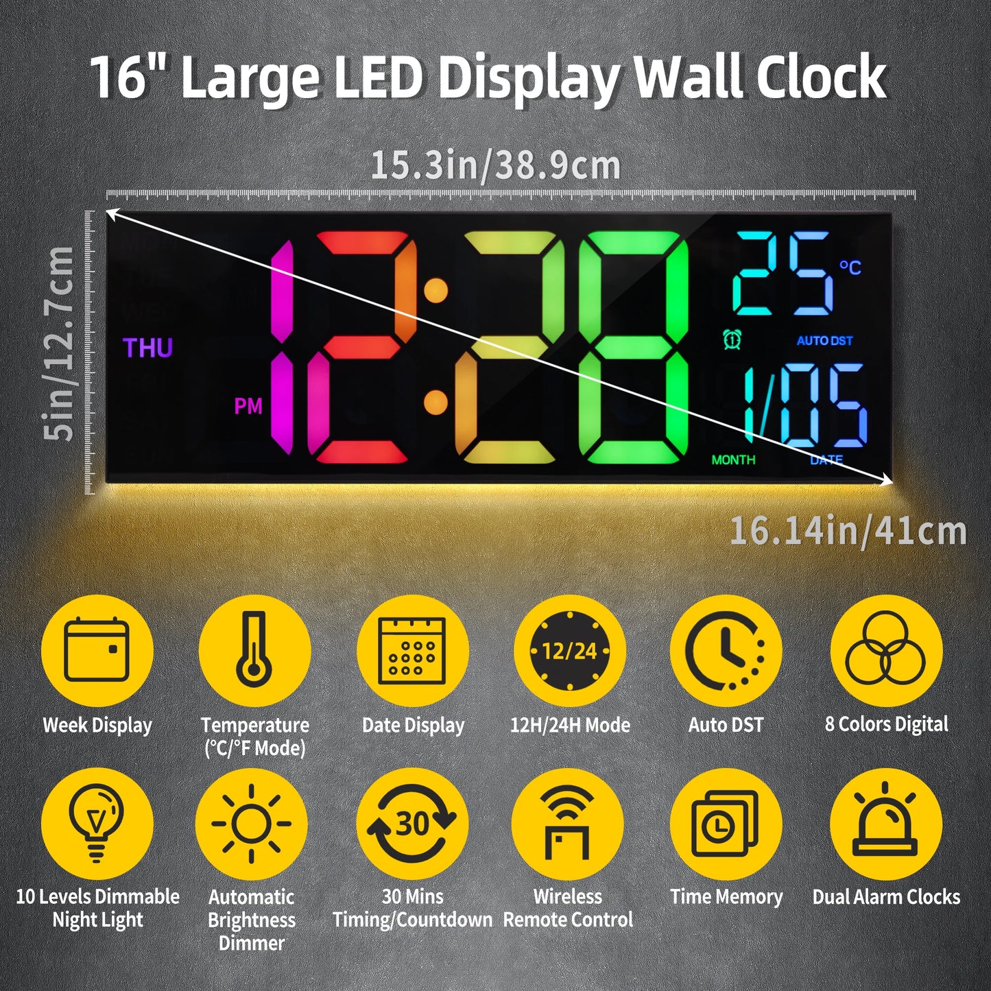 16 Inch Large Digital Wall Clock Big LED Display with Remote 8 RGB Colors Alarm DST Temperature for Living Room Office