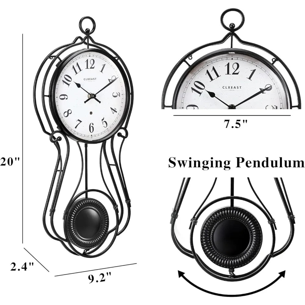 20 Inch Black Metal Pendulum Wall Clock Large Schoolhouse Regulator Circular Wall Clock