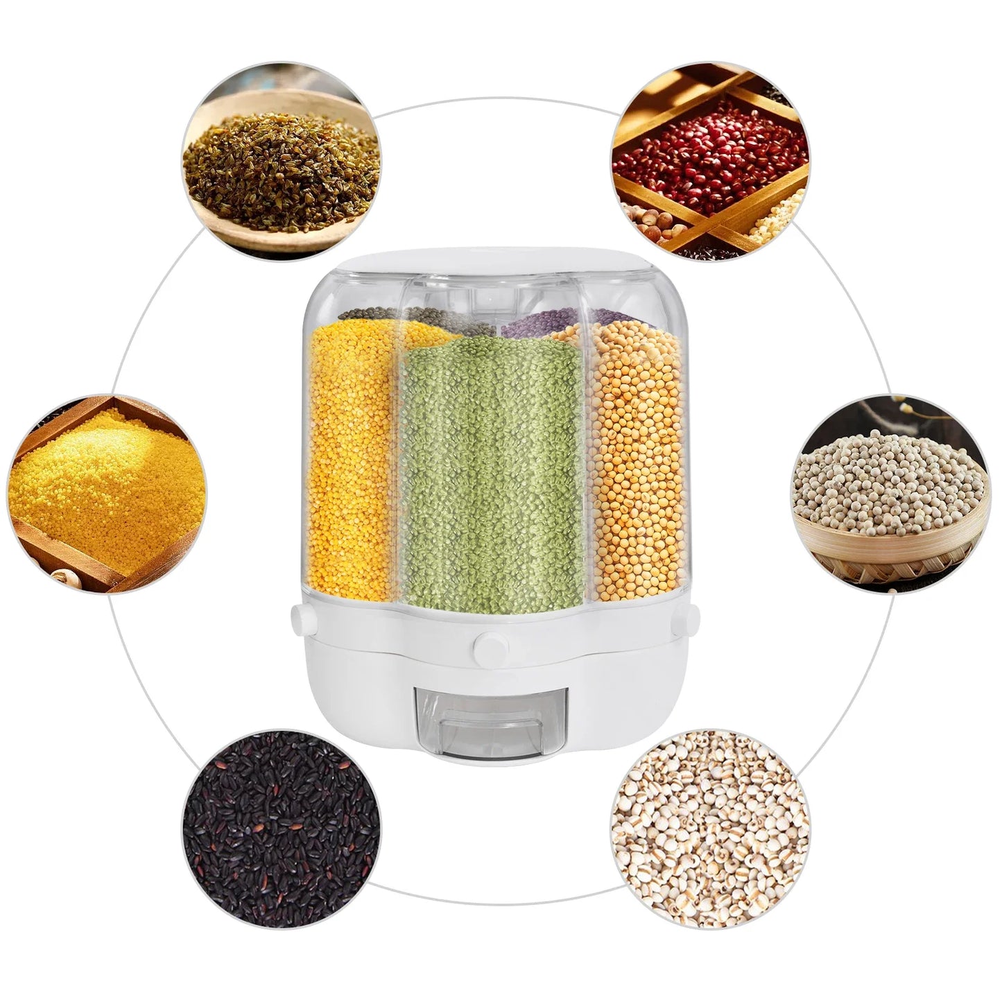 Rotating Food Dispenser Rice Dispenser 6 Grid Rice Bucket Whole Grains Rice Container Storage with Lid Dry for Kitchen White