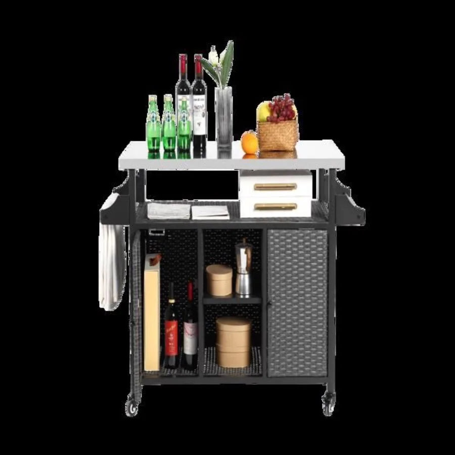 Large Bar Cart Outdoor Kitchen Wicker Island Rolling Cart Storage Cabinet with Wheels and Stainless Steel Extended Table Top