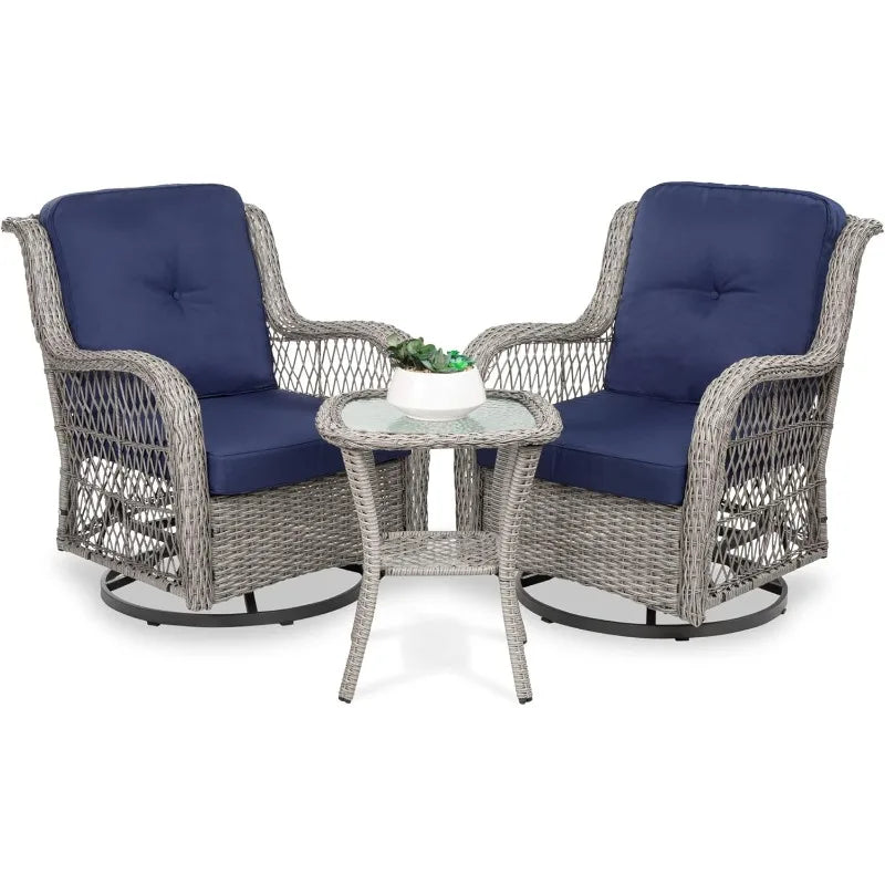 3 Piece Outdoor Wicker Patio Bistro Set with 2 360 Degree Swivel Rocking Chairs and Tempered Glass Top Side Table Navy