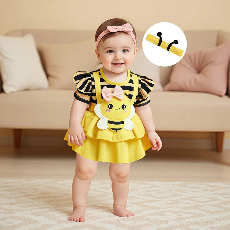 Baby Girl Summer Floral Ruffle Romper Set With Headband