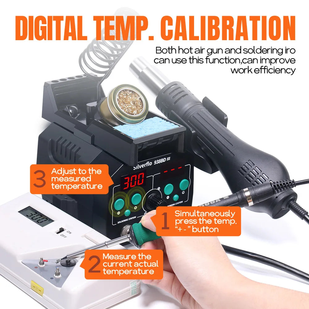 Silverflo 938BD-III Soldering Station Rapid Heating T12 Soldering Iron Hot Air Welding Station With Auto Sleep For SMD Rework