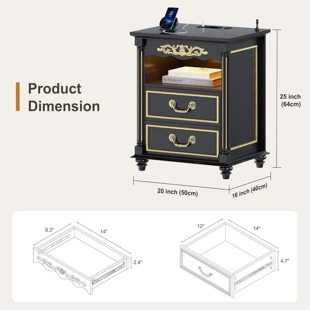 Set of 2 Nightstand with Gun Drawer Charging Bedside Table with USB and Type-C Port Retro Design with Human Sensor Light