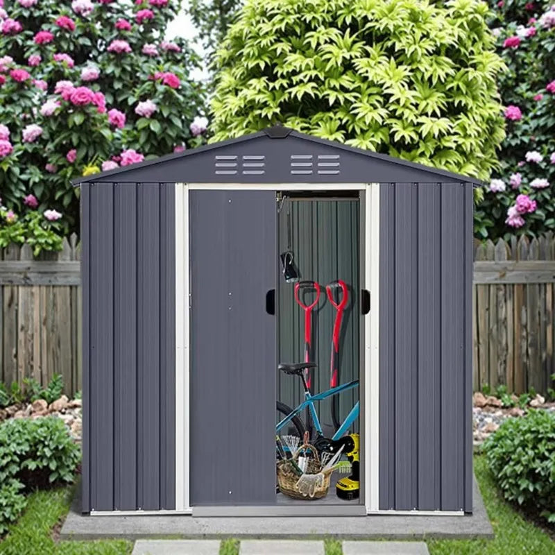 Eco Friendly Lockable Metal Garden Storage Shed With Sliding Doors Waterproof