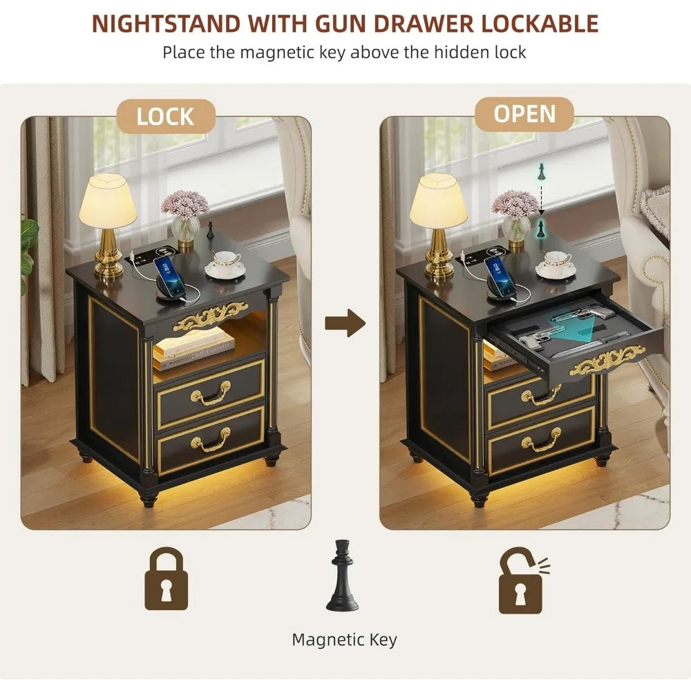Set of 2 Nightstand with Gun Drawer Charging Bedside Table with USB and Type-C Port Retro Design with Human Sensor Light