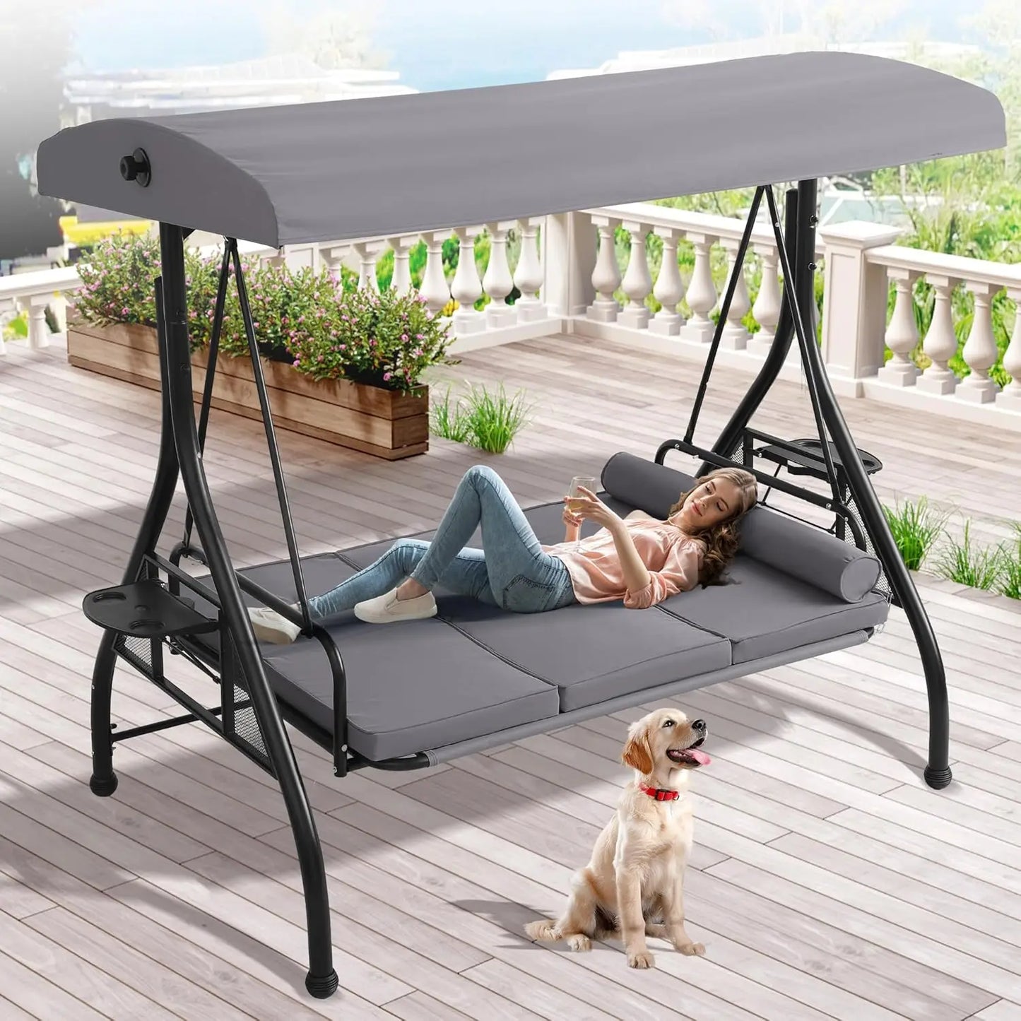 Outdoor Porch Swing With Canopy And Stand 3 Person Patio Convertible 2 In 1 Bed