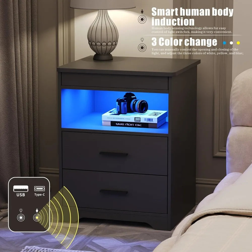 Night Stand Set of 2 Charging Bedside Table with USB and Type-C Port LED Night Stand with Human Sensor Light and Gun Drawers