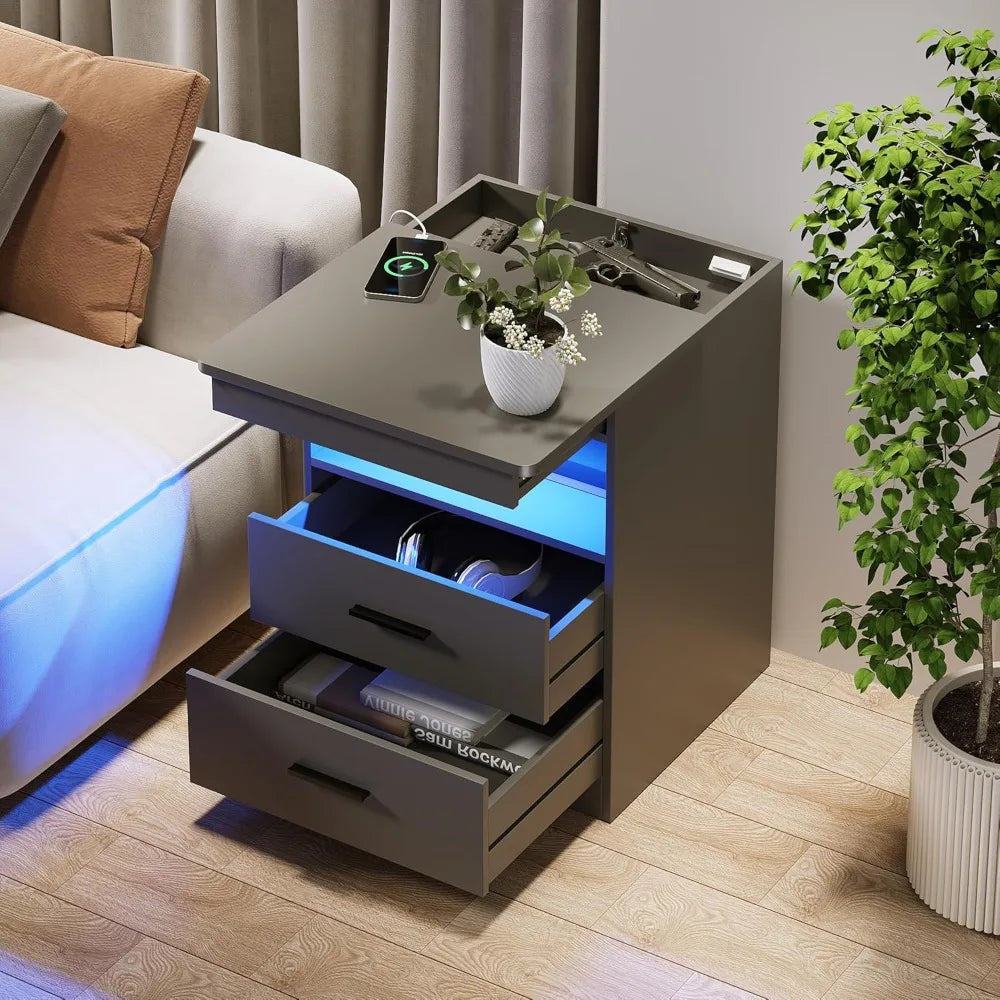Night Stand Set of 2 Charging Bedside Table with USB and Type-C Port LED Night Stand with Human Sensor Light and Gun Drawers