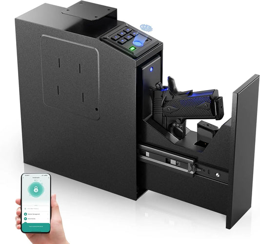 Biometric Gun Safe with Slider Design for Handgun 4 Ways to Unlock Fingerprint Key Access and PIN Code Mounted Nightstand Pistol Safe