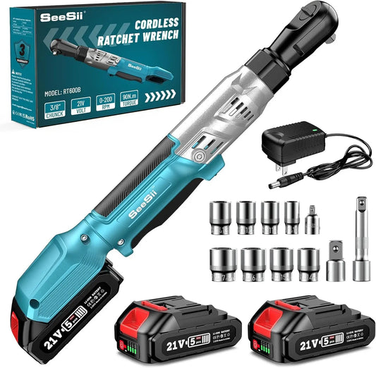 Seesii 21V Cordless Ratchet Wrench Kit 3/8 Inch Electric Ratchet 66Ft-lbs Variable Speed Power Ratchet with 2X 2.0Ah Batteries RT600B