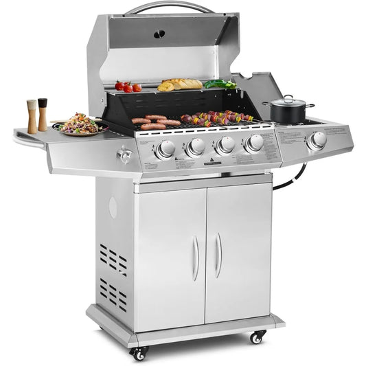 propane gas grill 4 burners with side burner, stainless steel grill cart with wheels for outdoor patio garden backyard cooking