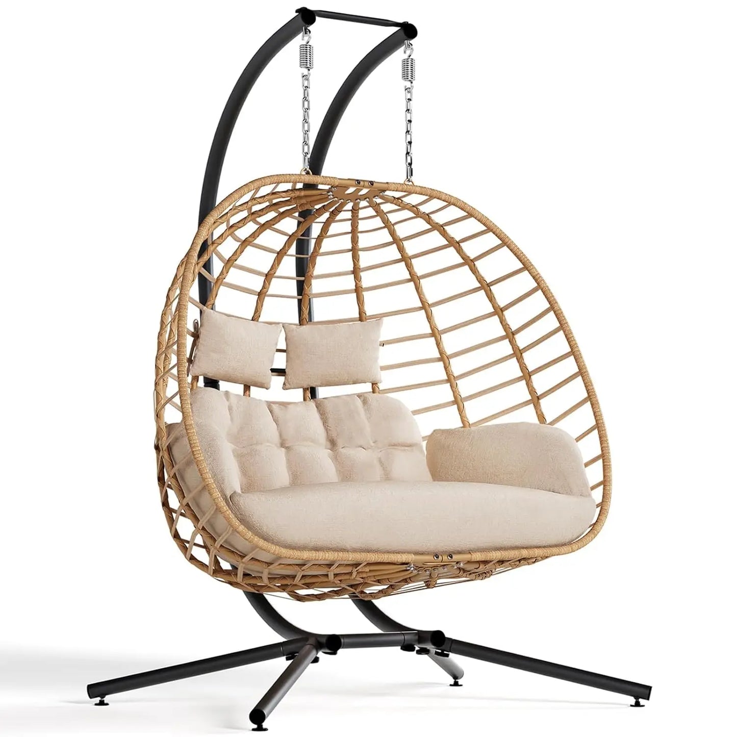 Double Egg Swing Chair With Stand Cushioned Outdoor Patio 2 Person Hammock