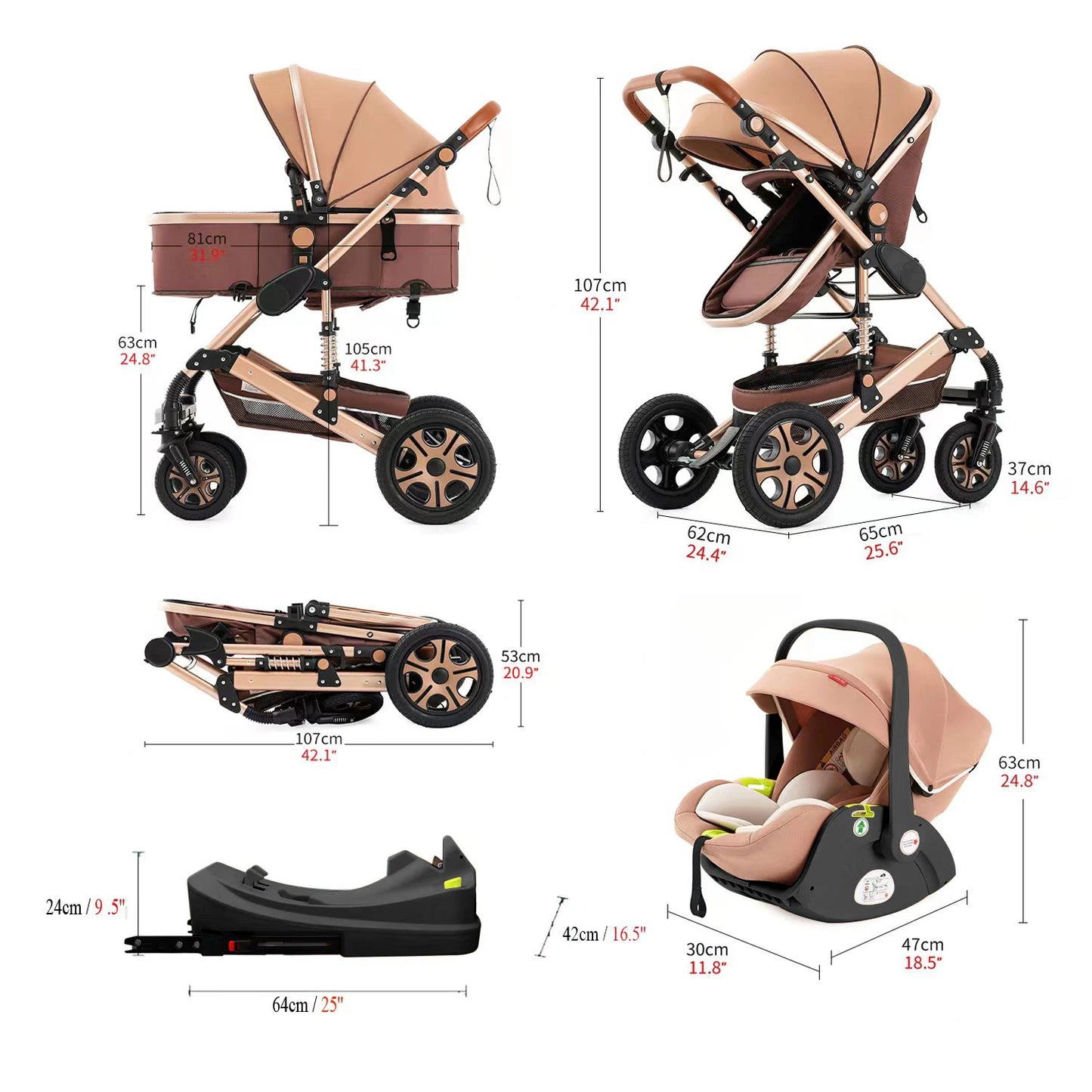 3 In 1 Baby Stroller Baby Travel System Baby Carriage With Isofix Base Foldable Newborn Pram Reversible Standard Stroller