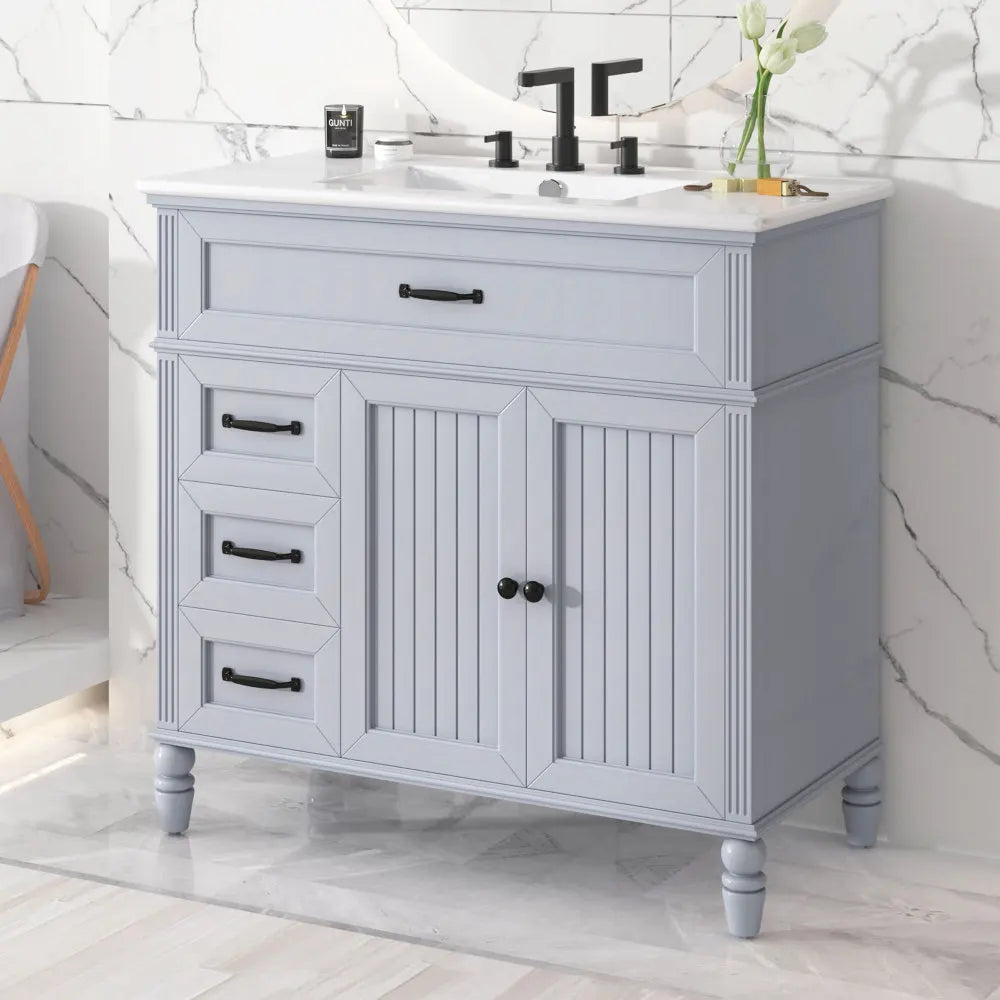 36 Inch Bathroom Vanity with Sink and Drawers Solid Frame MDF Board White
