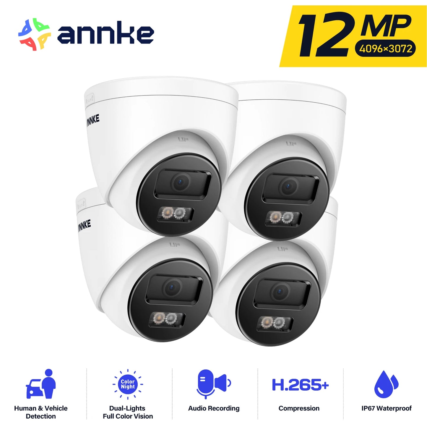 Annke 4 Pack 12MP Outdoor Smart Dual Light PoE Security Camera Color IR Night Vision Built-in Microphone IP67 Smart Home H.265+