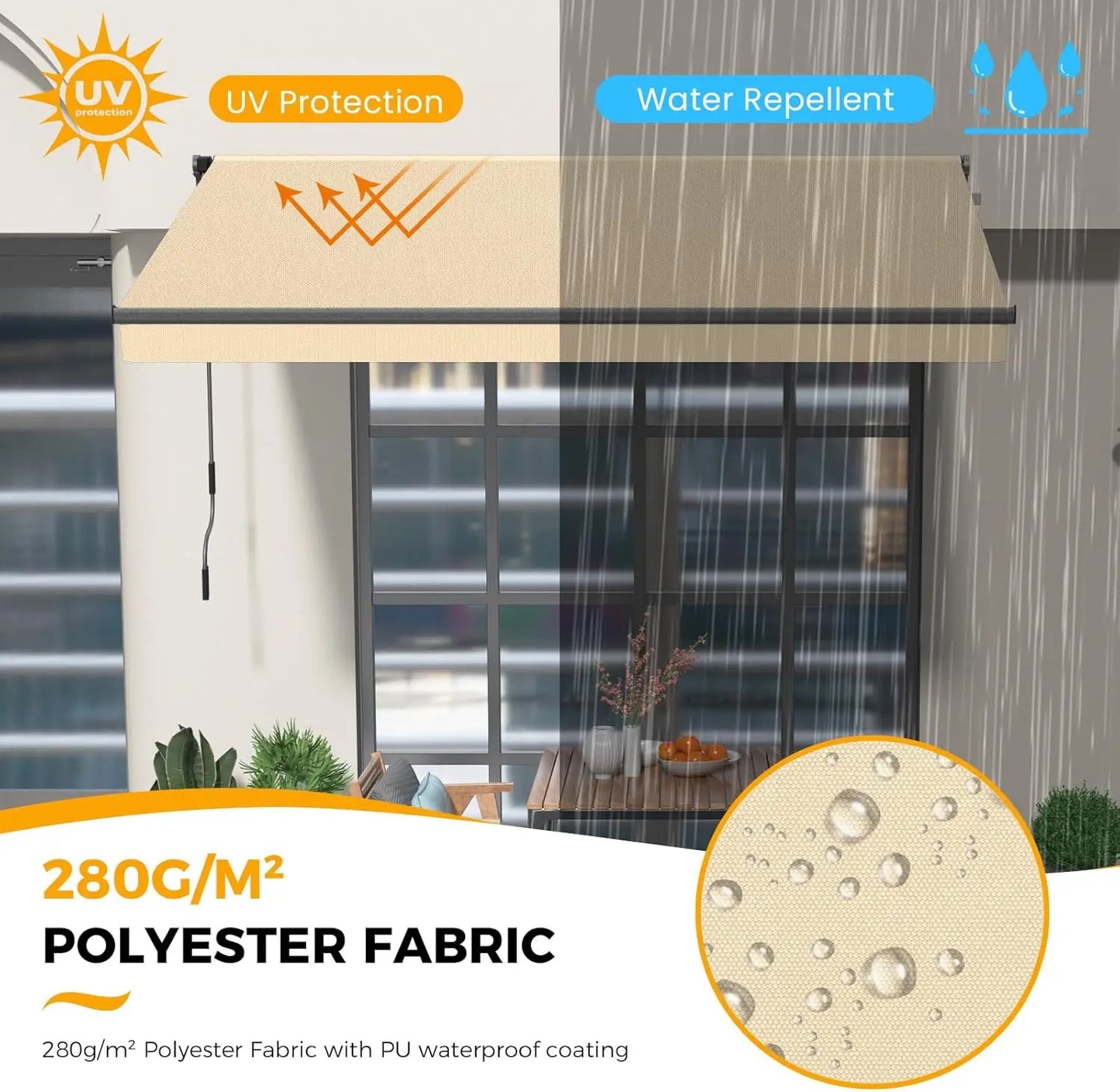 10 Foot Wide by 8 Foot High Retractable Awning for Patio Manual Awnings Sunshade Shelter Crank Handle UV and Waterproof Polyester Cover