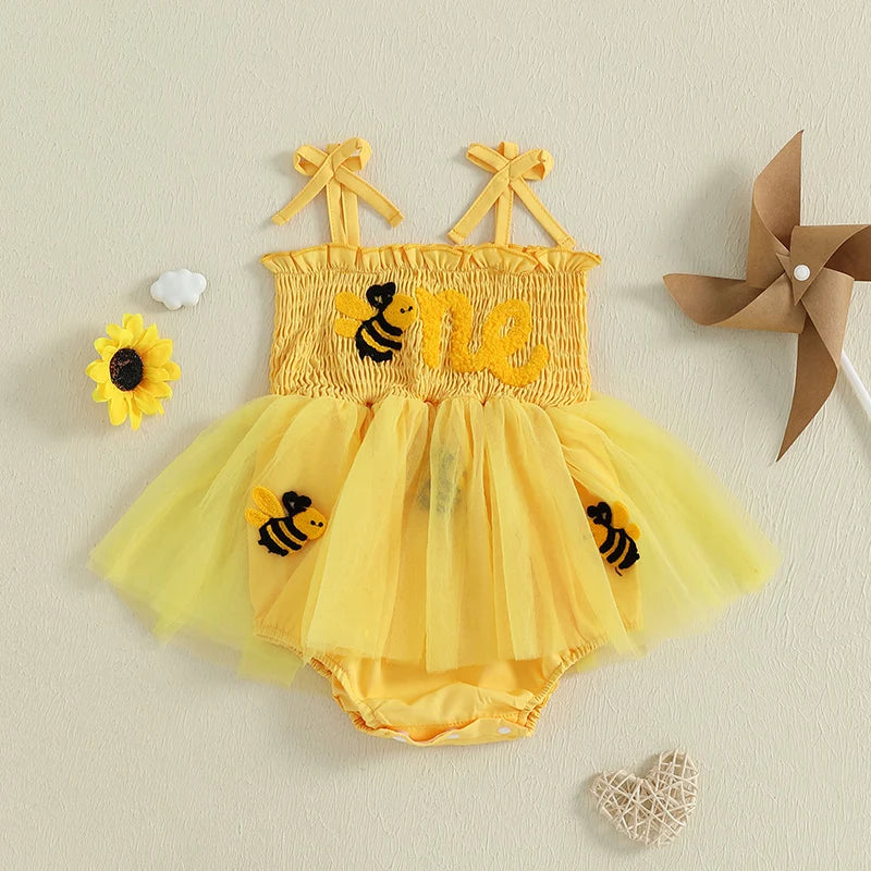 Infant Girl Bee Embroidered Sleeveless Birthday Dress