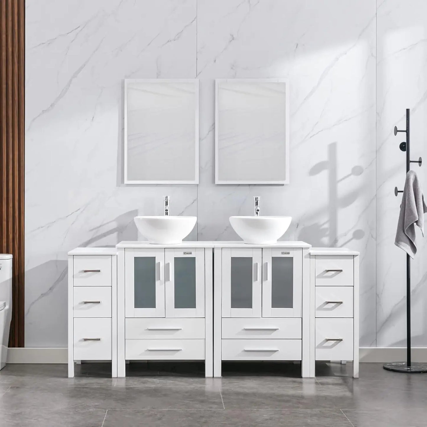 Modern Bathroom Vanity Sink Combo with Small Side Cabinets Clear Round Glass Vessel Sink Water Saving Faucet and Pop Up Drain