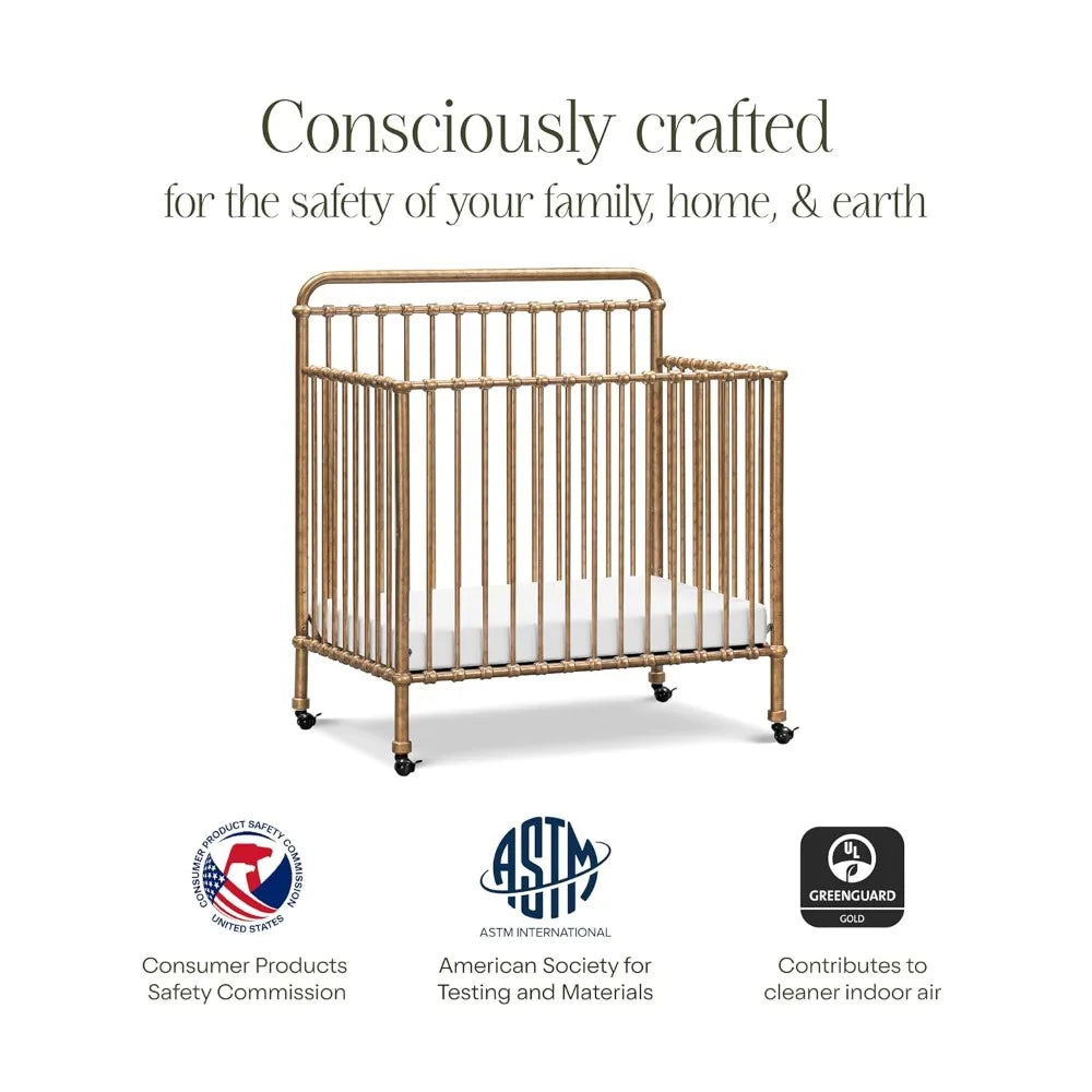 Winston 4 in 1 Convertible Mini Crib with Removable Wheels Vintage Gold GREENGUARD Gold Certified 4 Adjustable Heights