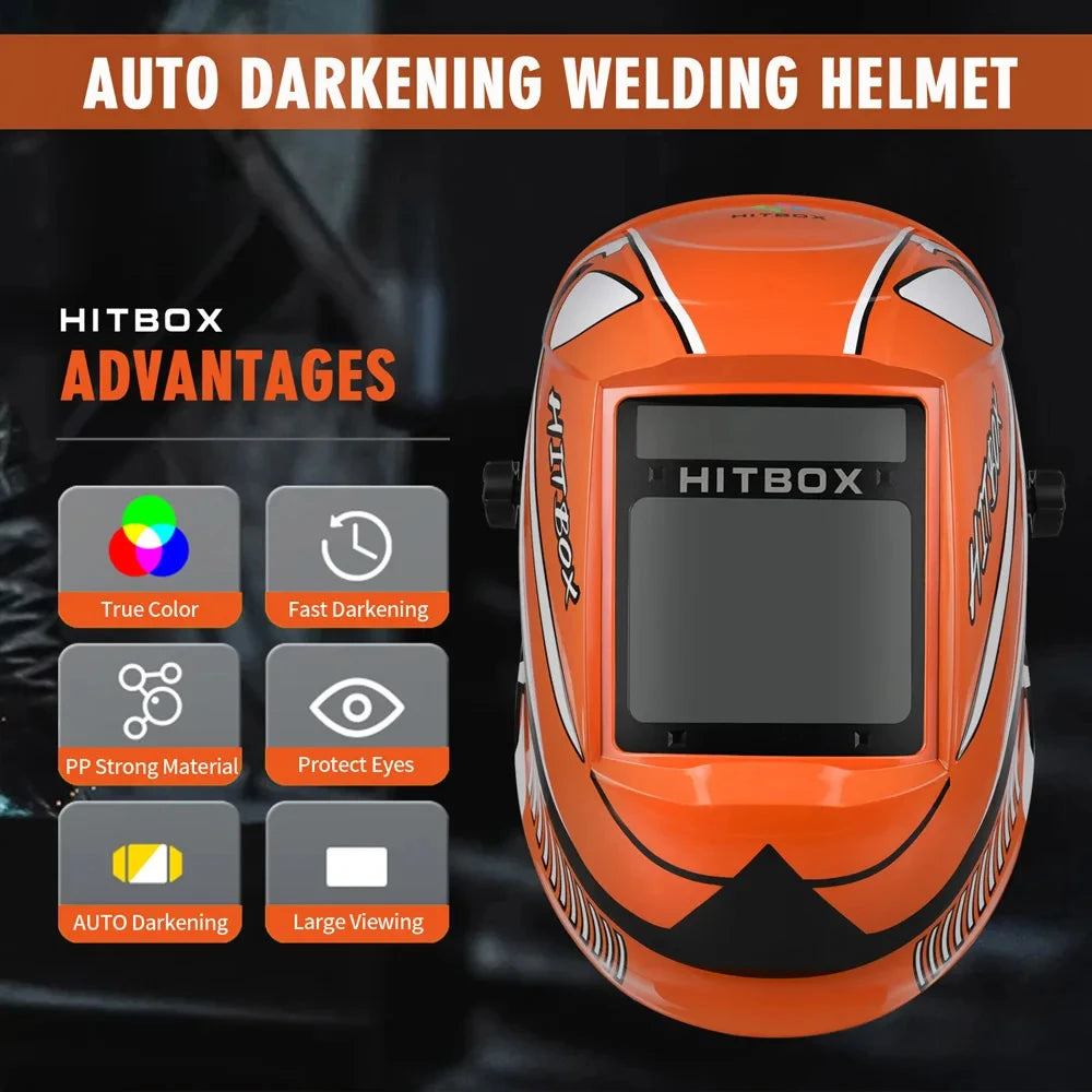 HITBOX HB555 Welding Helmet Auto Darkening 3.9x3.1 inch Large Viewing Welding Hood True Color Solar Battery Powered Welder Mask