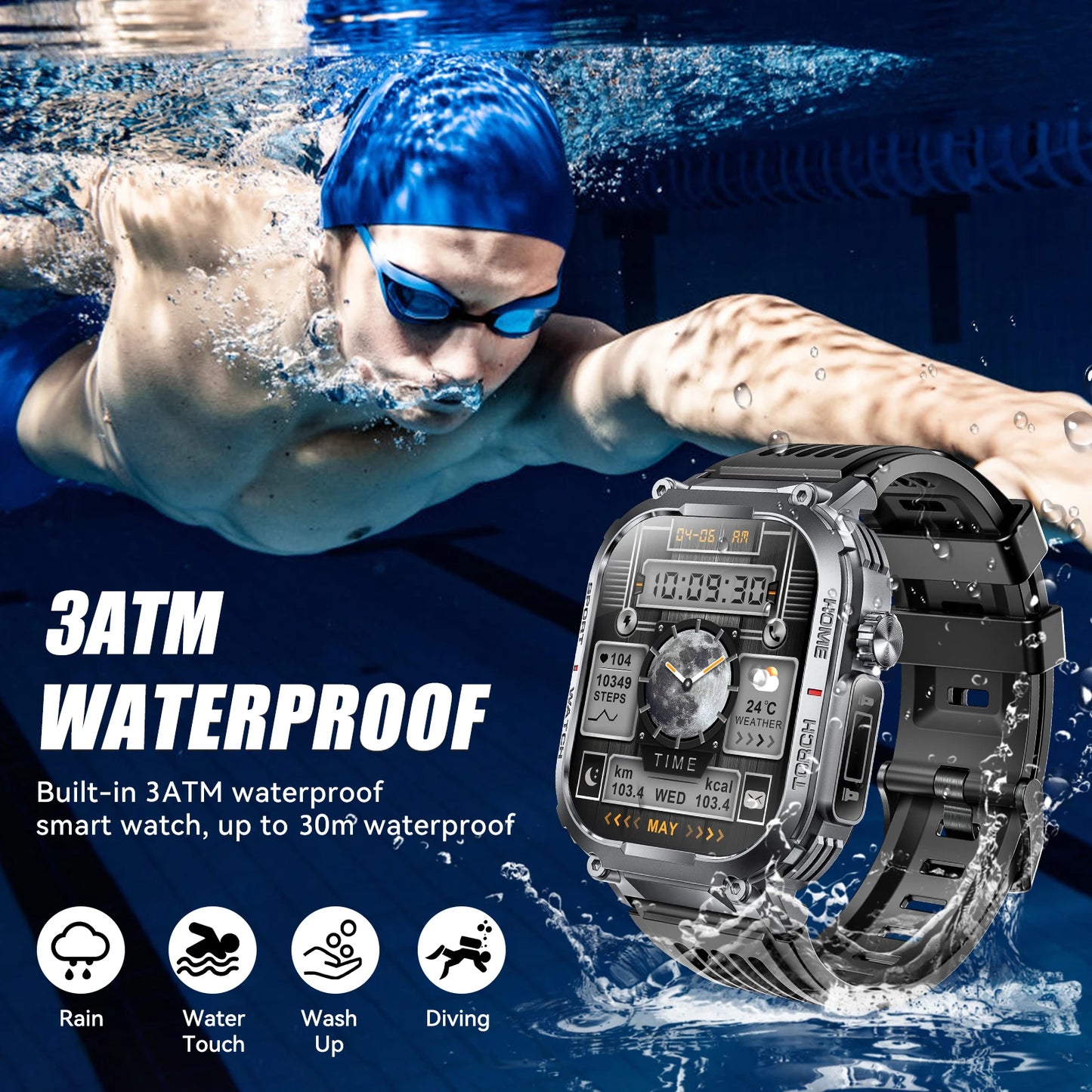 EIGIIS 2024 New Smart Watch Men 3ATM Waterproof 2.02 Inch S320B with Compass and LED Flashlight Sports Fitness Tracking Heart Rate