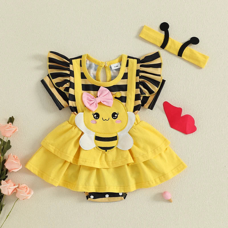 Baby Girl Summer Floral Ruffle Romper Set With Headband