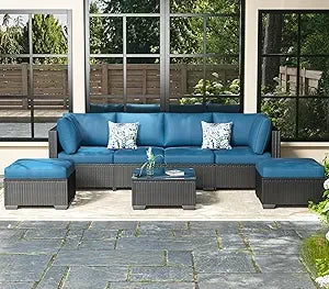 7 Piece Outdoor Patio Furniture Set Sectional Conversation Sofa with Coffee Table L Shape Design for Garden and Deck