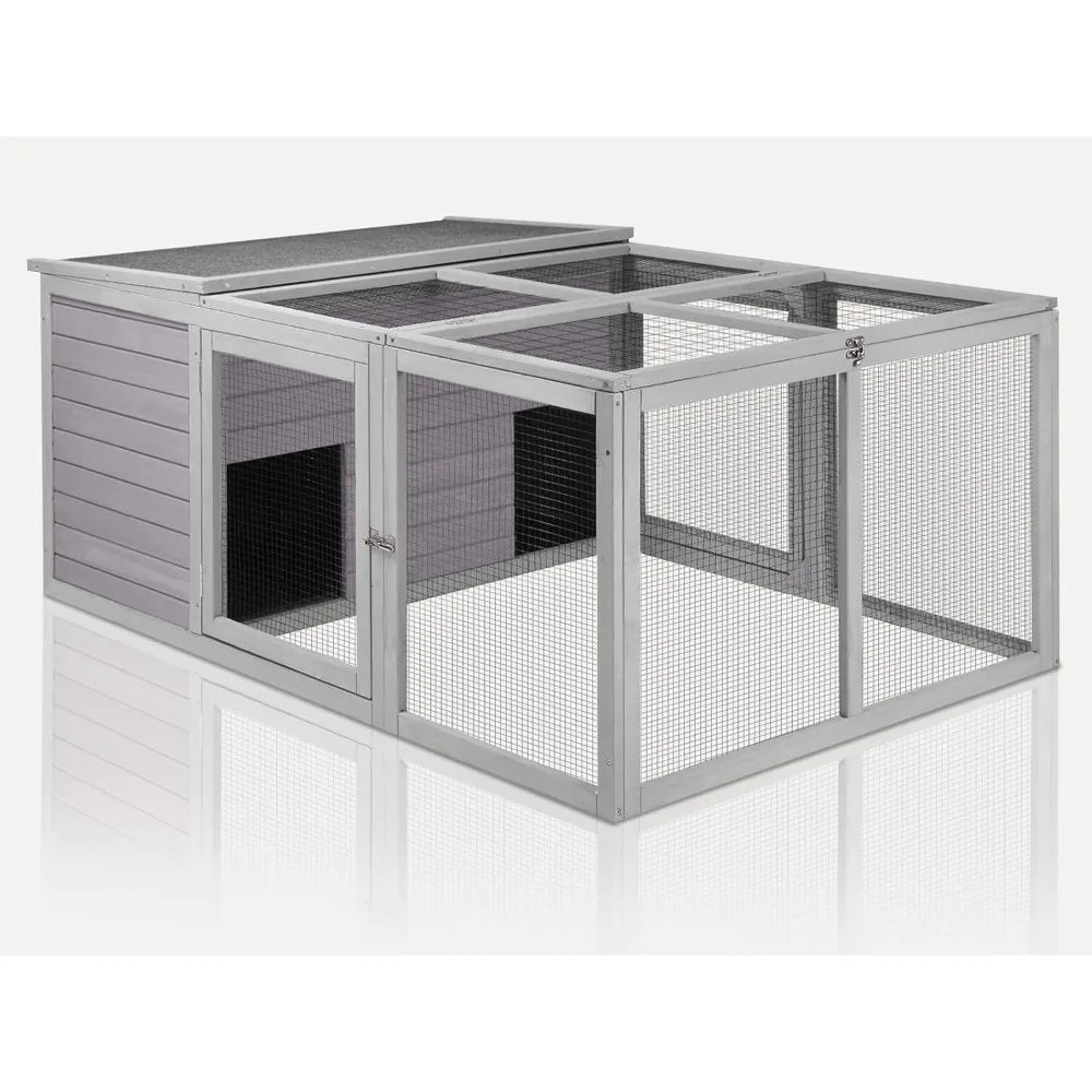 Large Wooden Chicken Coop and Rabbit Hutch Indoor Outdoor with Two Living Houses and PVC Layer for Chickens Ducks and Farm Animals