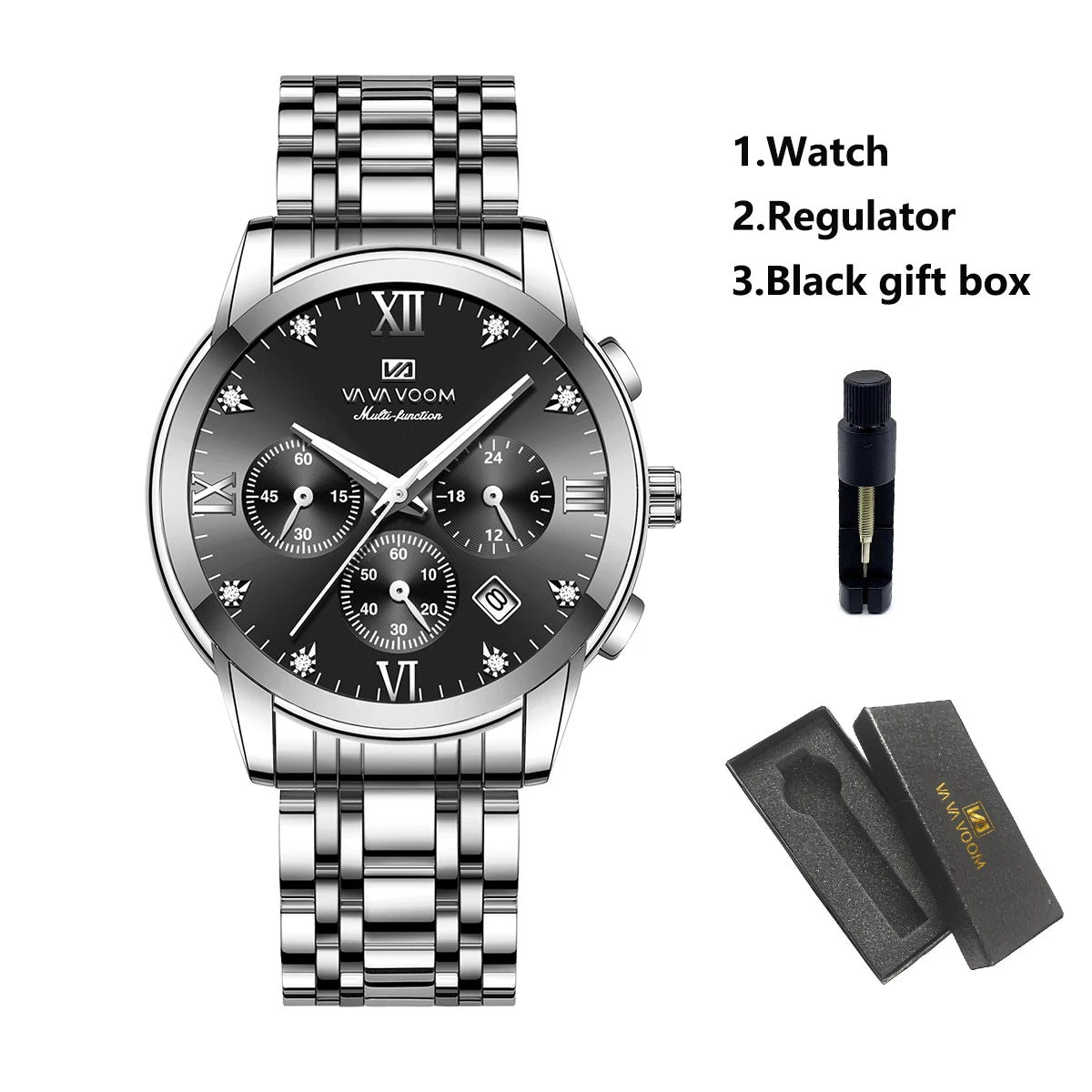 Va Va Voom Men's Multifunctional Watch Fashionable Stainless Steel Strap Blue Gold Rhinestone Casual Sports Timepiece