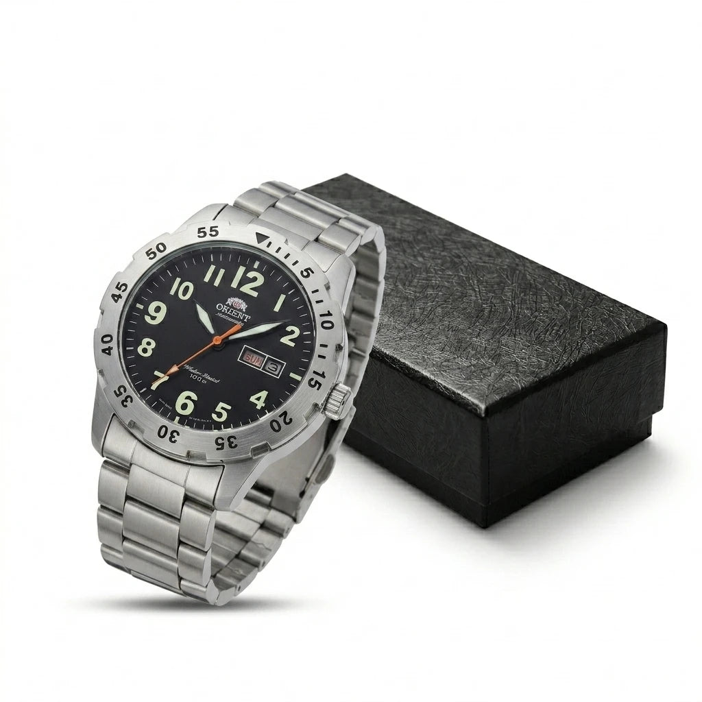 Orient Japanese Automatic Wristwatch for Men, 100M Water Resistant Dual Day Date Luminous Stainless Steel Sports Watch