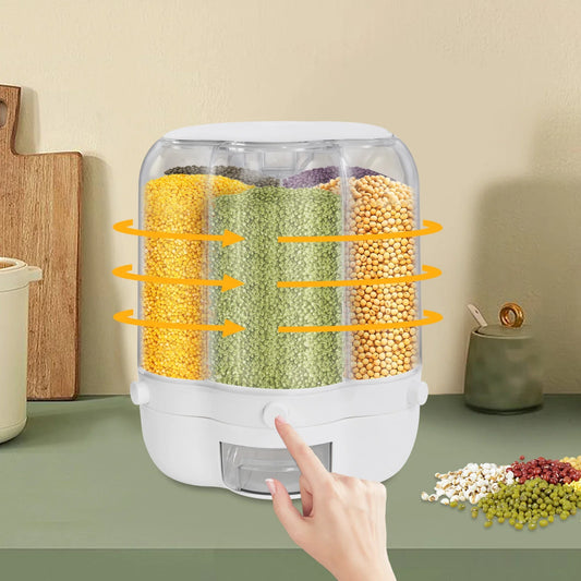 Rotating Food Dispenser Rice Dispenser 6 Grid Rice Bucket Whole Grains Rice Container Storage with Lid Dry for Kitchen White