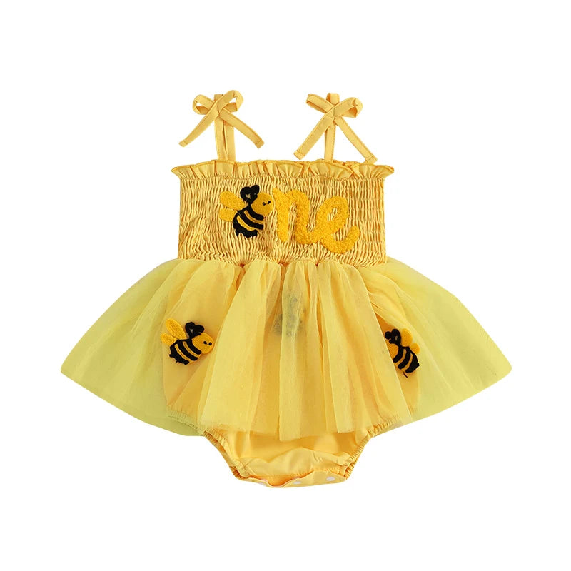 Infant Girl Bee Embroidered Sleeveless Birthday Dress