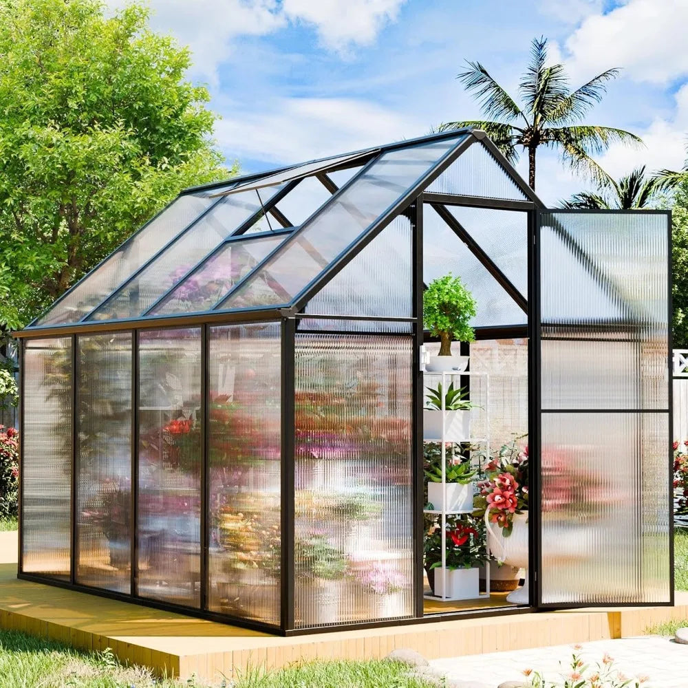Polycarbonate Greenhouse Kit 8x6x6 FT Heavy Duty Outdoor Greenhouse with Transparent Panels Sliding Door for Backyard Garden