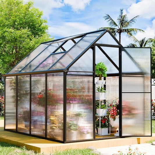 Polycarbonate Greenhouse Kit 8x6x6 FT Heavy Duty Outdoor Greenhouse with Transparent Panels Sliding Door for Backyard Garden